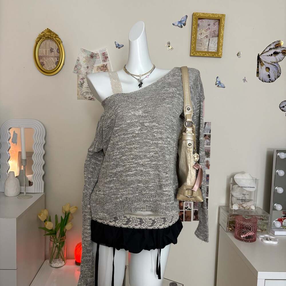 Hollister Vintage Y2K Heather Gray Off Shoulder Slouchy Knit Sweater Top Women S